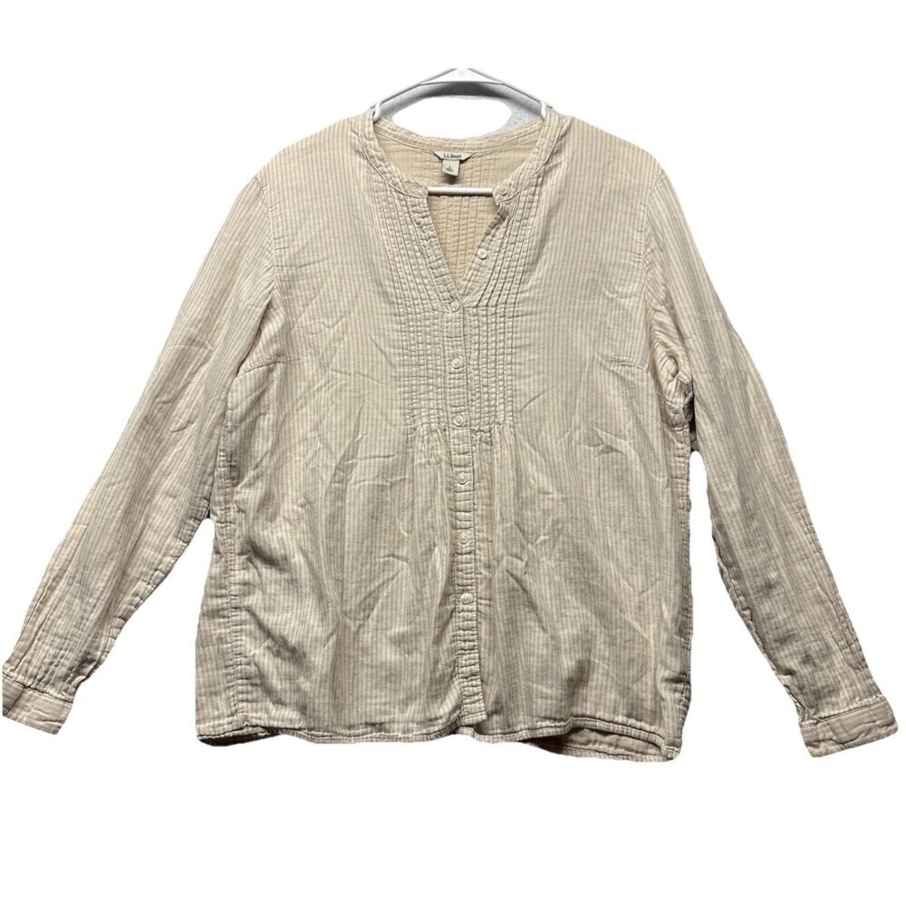 LL BEAN Shirt Womens Large Button Up Blouse Top Striped Beige White 100% Cotton